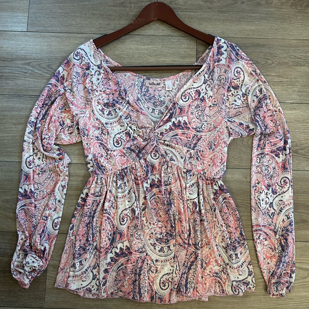 Willow + Root Women’s L Pink Paisley Boho Peplum Tie Front Blouse Top